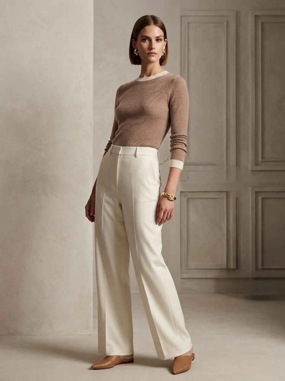 J. Crew Taupe Crewneck Sweater with Cream Trim